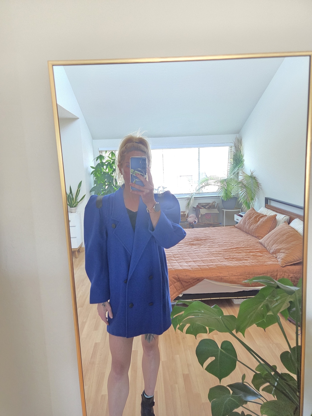 Vintage 80s Andrea Marin Cobalt Wool Blend Coat Power Shoulder Leather Trim